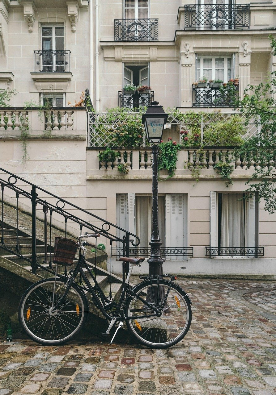 bicycle, building, city, cobblestone street, exterior, facade, outdoors, paris, urban, vintage, building, city, city, paris, paris, paris, paris, paris
